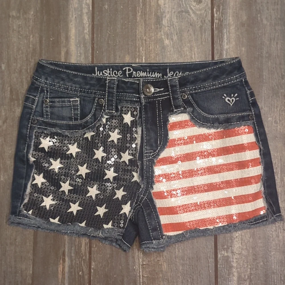 3/$30 JUSTICE Jeans girls sequin USA American Flag patriotic jean shorts sz 12